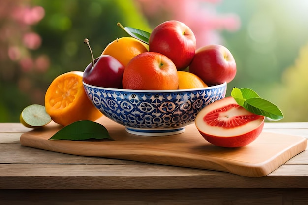 A bowl of fruit with a cut in half and a cut in half.