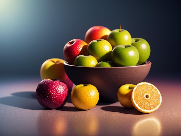 A bowl of fruit with a dark background and a blue background.