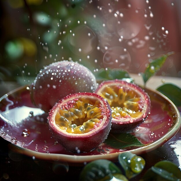 a bowl of fruit with drops of water on it