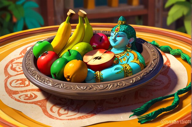 Photo a bowl of fruit with a figurine on the side of it