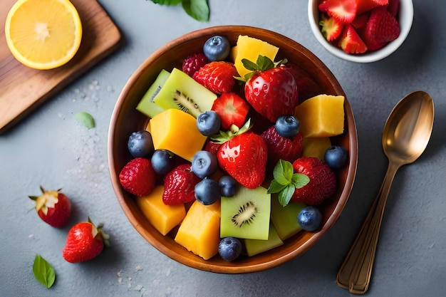 Photo a bowl of fruit with a fruit bowl of fruit on it.