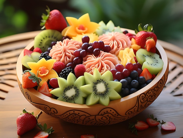 a bowl of fruit with a fruit bowl that says fruit on it