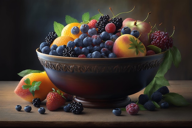 A bowl of fruit with fruit on the table