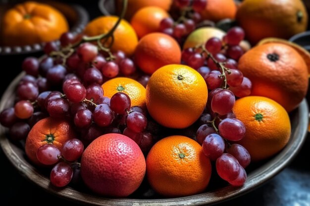 A bowl of fruit with grapes and oranges