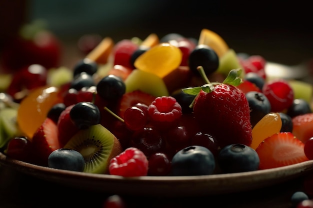 A bowl of fruit with a green leaf on it