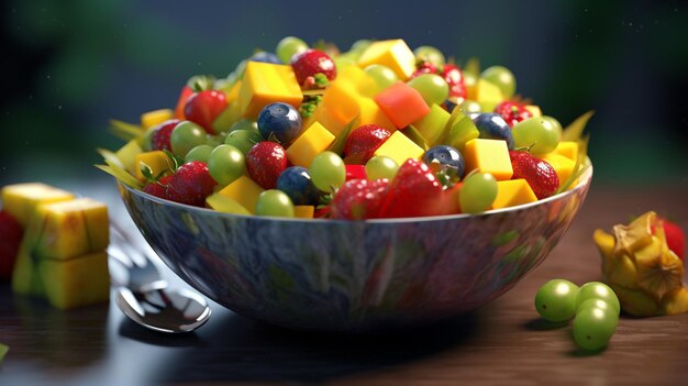 A bowl of fruit with a green leaf on the top.