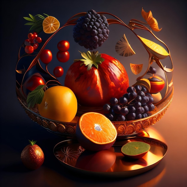 A bowl of fruit with a leaf on it