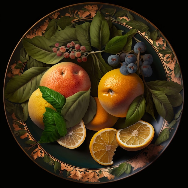 A bowl of fruit with leaves and a leaf on it