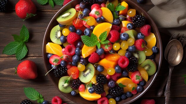 A bowl of fruit with a mint leaf on the top