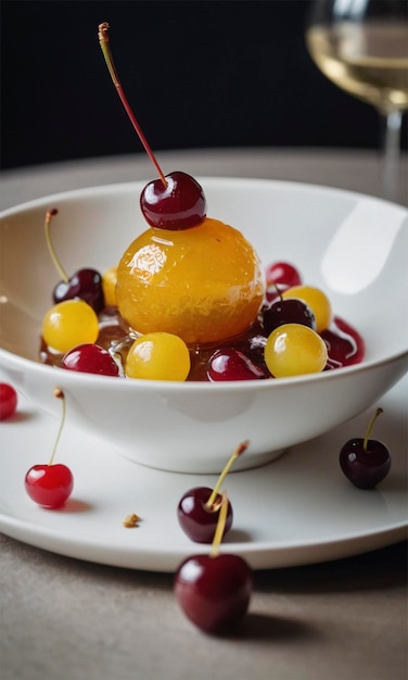 a bowl of fruit with one that has a cherry on it