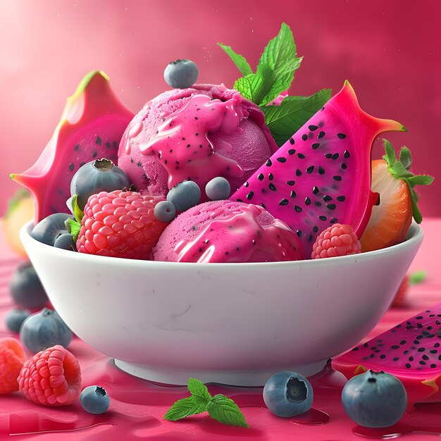 a bowl of fruit with a pink background with raspberries and blueberries