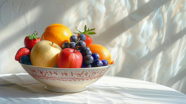 a bowl of fruit with a red and white design on the side