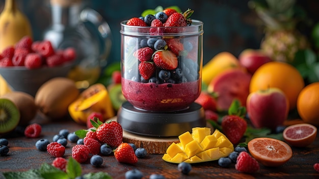 Photo a bowl of fruit with strawberries and blueberries in it