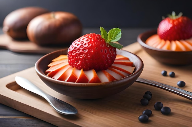 A bowl of fruit with a strawberry on top