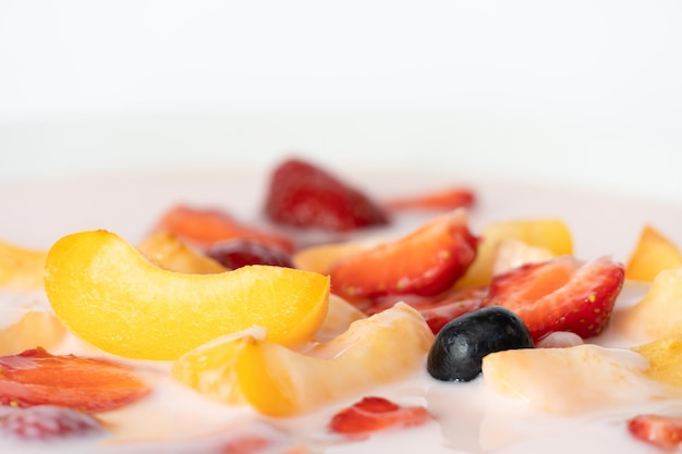 A bowl of fruit with a white background