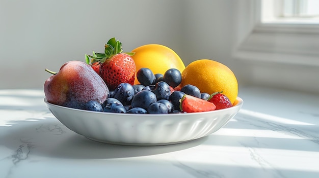 a bowl of fruit with a white bowl of fruit on the table