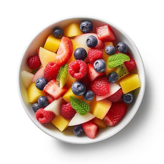 A bowl of fruit with a white bowl of fruit.