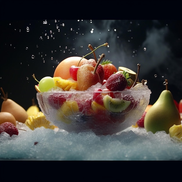 A bowl of fruit with the word fruit on it