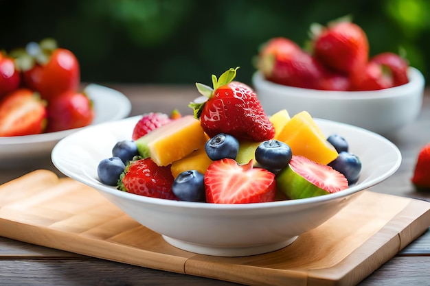 A bowl of fruit on a wooden table