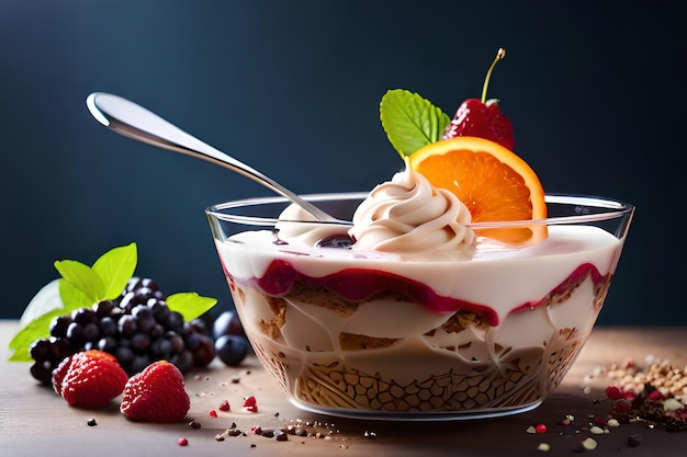 A bowl of fruity dessert with a spoon and a berry on the side.