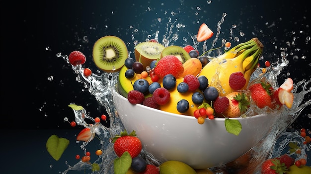 A bowl full of fruits splashing while more fruit on dark background 8K