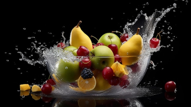 A bowl full of fruits splashing while more fruit on dark background 8K