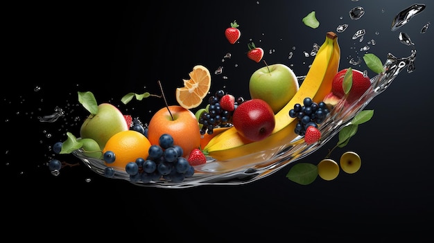 A bowl full of fruits splashing while more fruit on dark background 8K