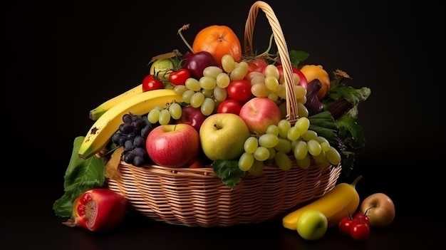 A bowl full of fruits splashing while more fruit on dark background 8K