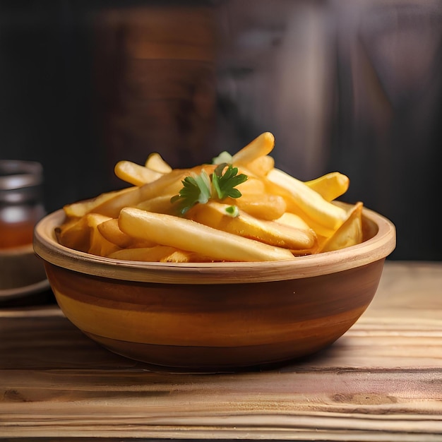 a bowl full of golden French fries on light wooden table with sauces