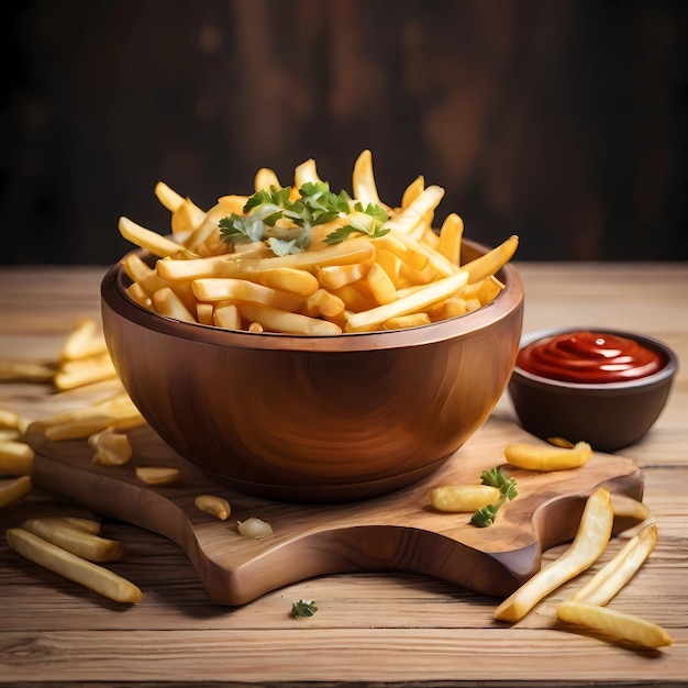 a bowl full of golden French fries on light wooden table with sauces