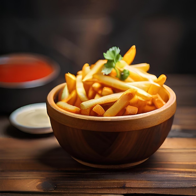 a bowl full of golden French fries on light wooden table with sauces