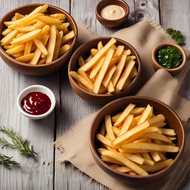 a bowl full of golden French fries on light wooden table with sauces