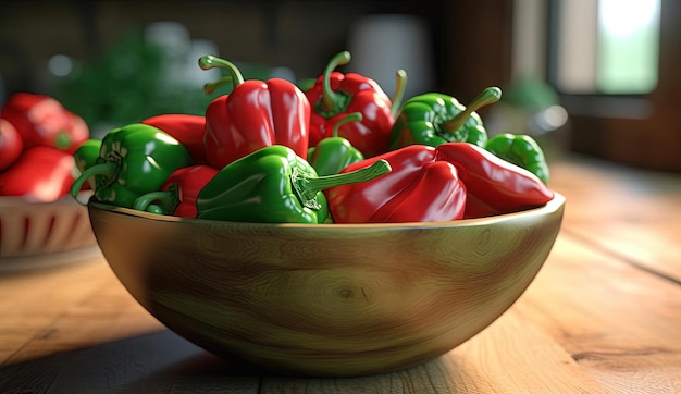 a bowl full of green and red peppers sits on top of a piece of wood