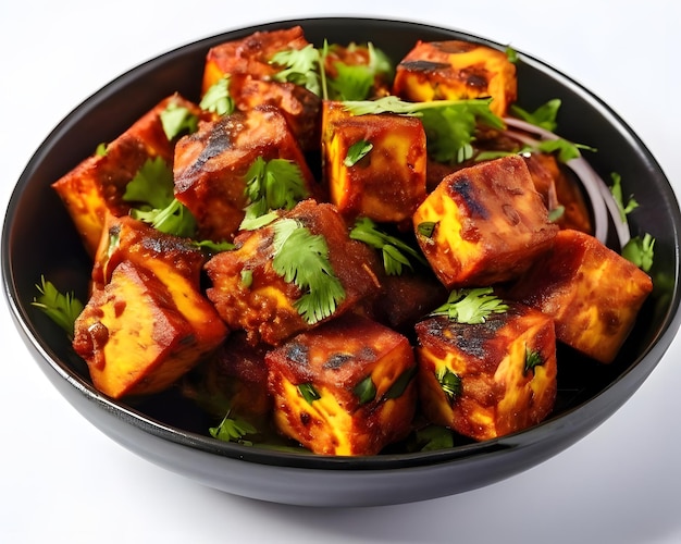 Bowl full of panner tikka on white background