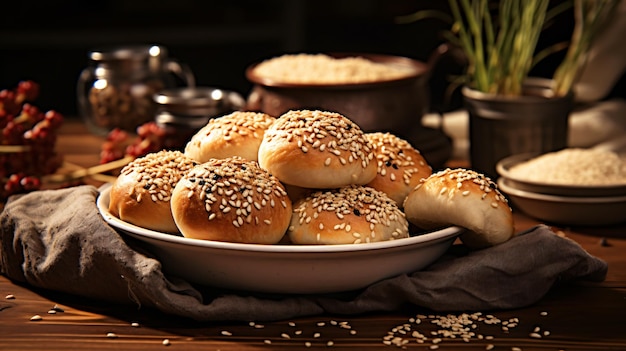 Bowl full of sesame seed rolls on table with other