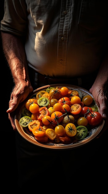 A bowl full of tomatoes on hand