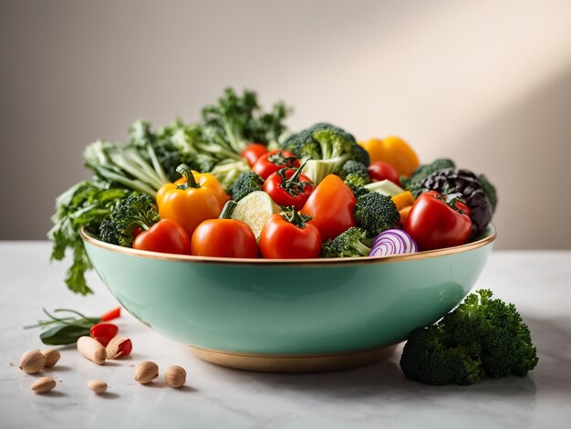 A bowl full of vegetables on a white background