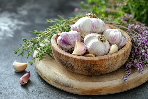 Photo a bowl of garlic and garlic on a table