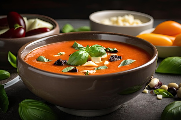 Bowl of gazpacho garnished with olive and basil leaves