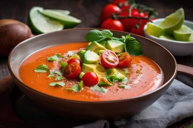 Bowl of gazpacho topped with chunks of fresh and juicy tomatoes