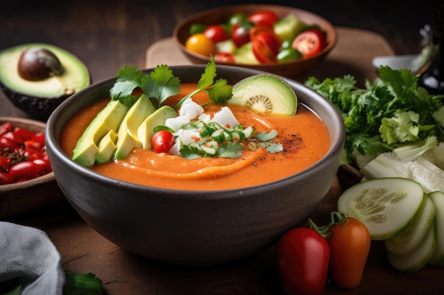 A bowl of gazpacho topped with extra ingredients for a variety of flavors and textures