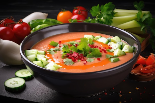 Bowl of gazpacho with chopped vegetables and garnishes