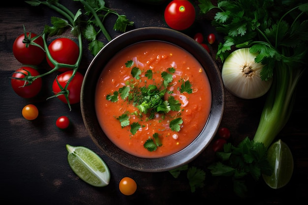 Bowl of gazpacho with chopped vegetables and garnishes