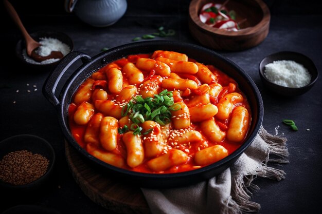 A bowl of gnocchi with green onions on a table