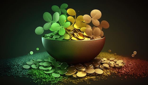 A bowl of gold coins and green and yellow coins with the words four and four on the top.