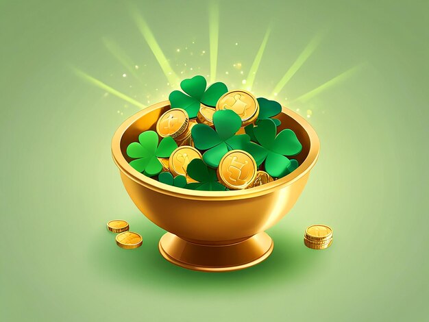 Photo a bowl of gold coins with a green background with a gold coin and a green background