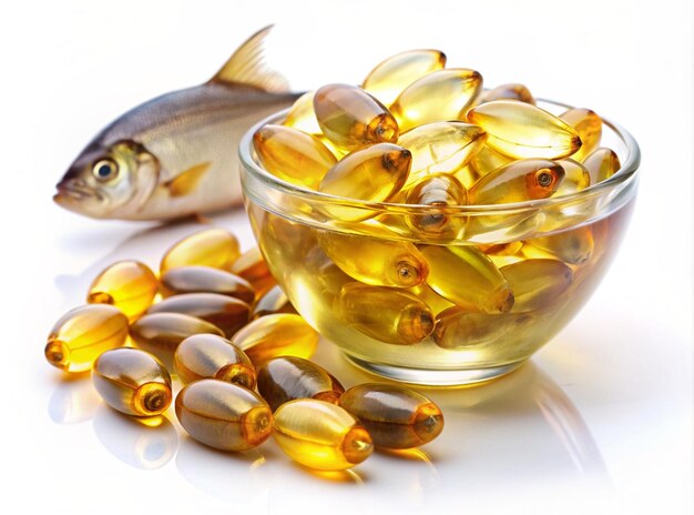 Photo a bowl of gold fish and some other pills that are on a table fish oil