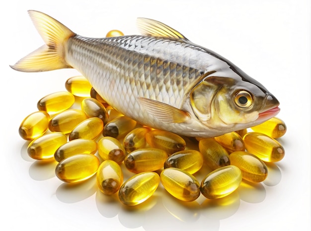 Photo a bowl of gold fish and some other pills that are on a table fish oil