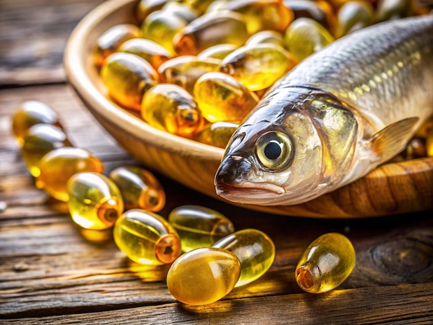 a bowl of gold pills with a glass bowl of fish oils