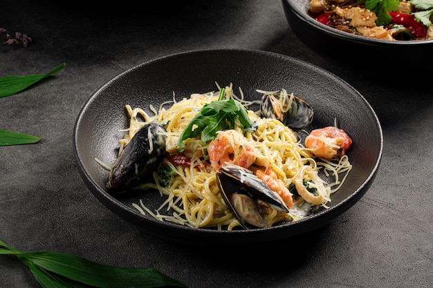 Bowl of gourmet seafood pasta